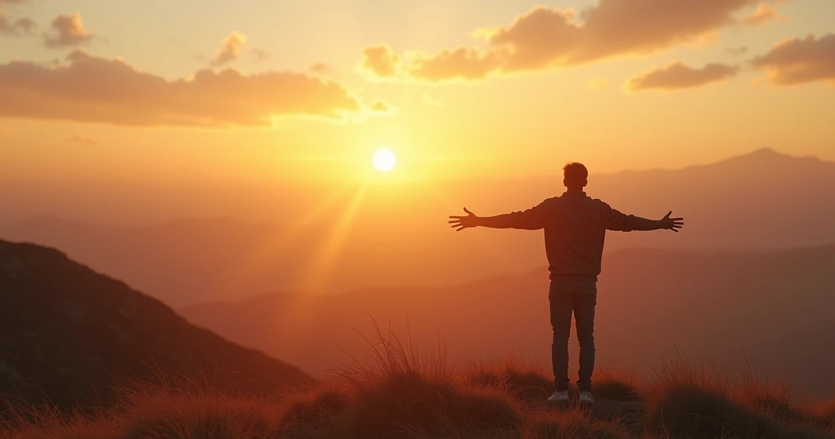 Persona de pie frente a un paisaje amplio, extendiendo los brazos en señal de liberación