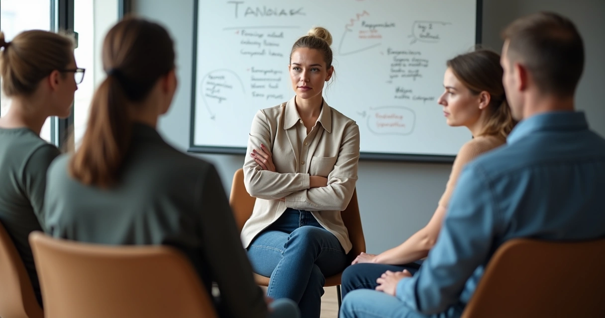 Personas sentadas en círculo con una mujer ligeramente apartada mostrando cierre emocional 
