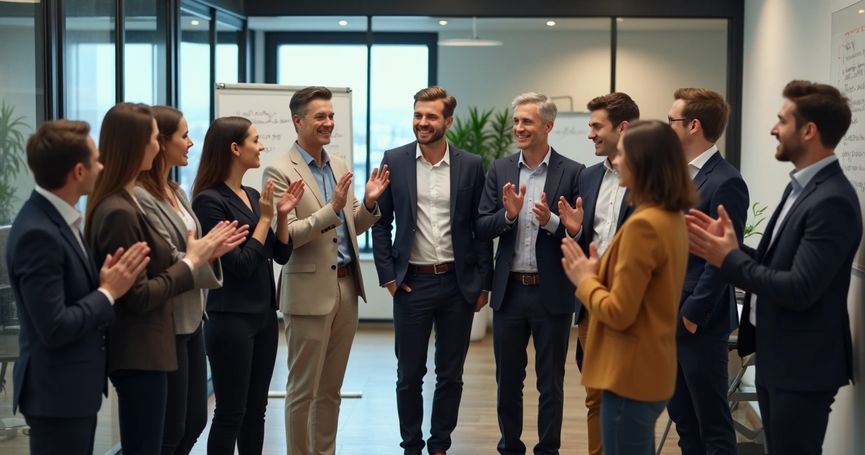 Equipo de trabajo reunido despidiéndose en una oficina moderna