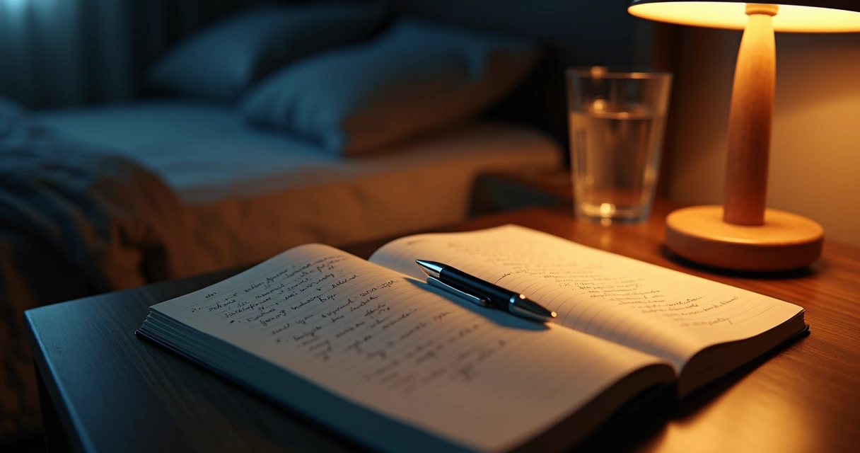 Libreta abierta con notas nocturnas junto a una lámpara cálida