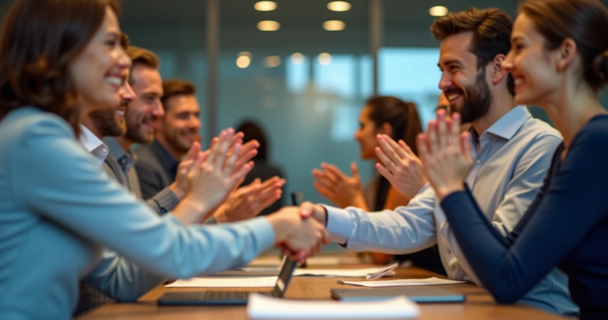 Equipo aplaudiendo y sonriendo tras terminar un proyecto