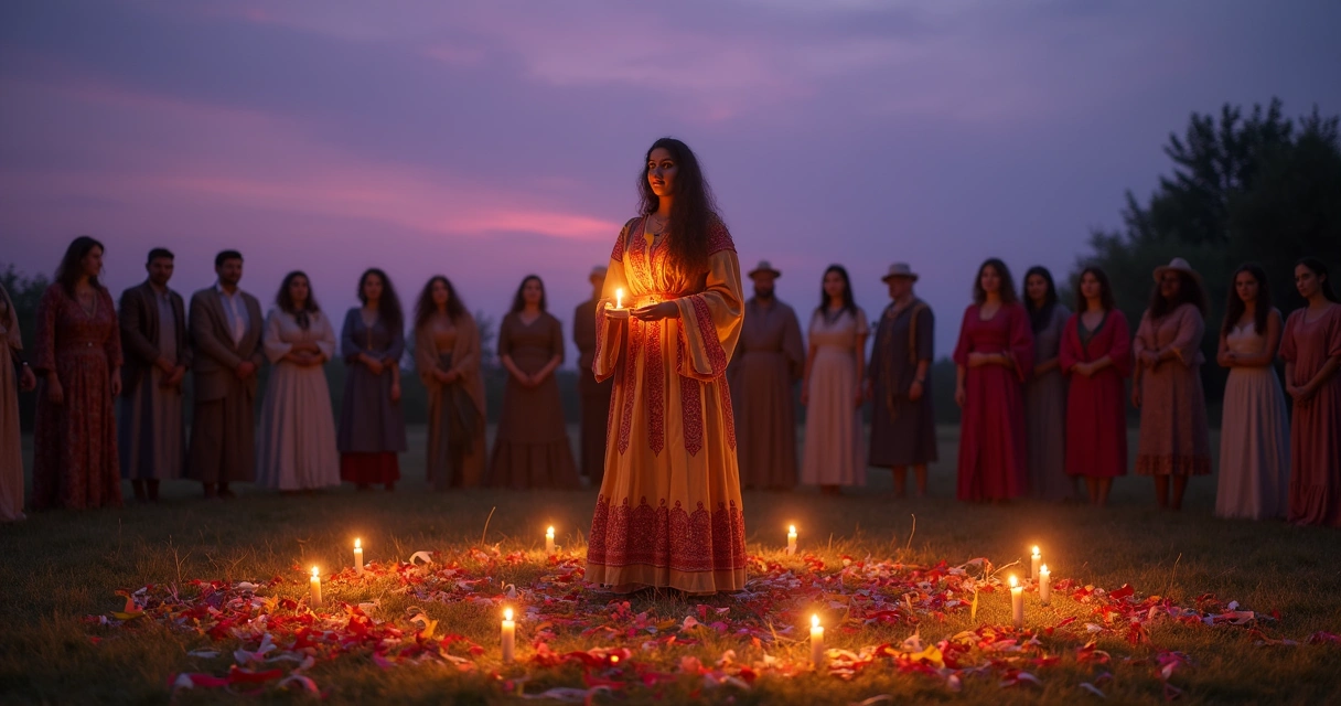 Mulher cigana vestida em traje tradicional, segurando vela e círculo de fitas coloridas 