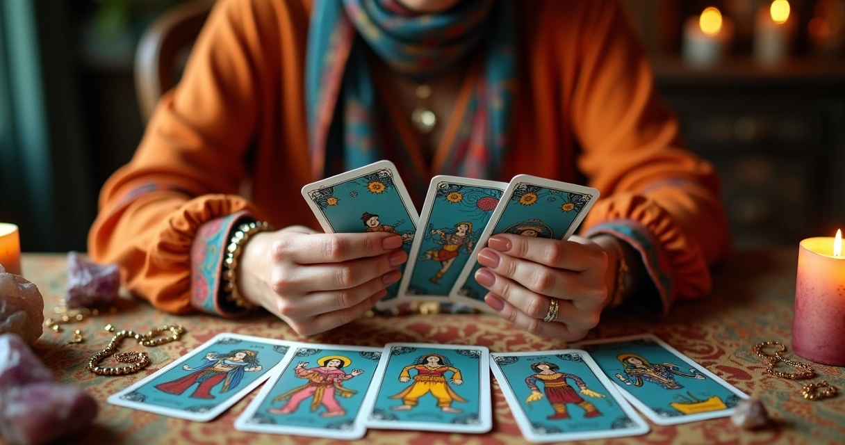 Mulher cigana revelando cartas de baralho cigano em mesa decorada 