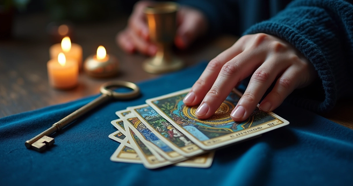 Cigana segurando cartas do Baralho Cigano e uma chave de metal. 
