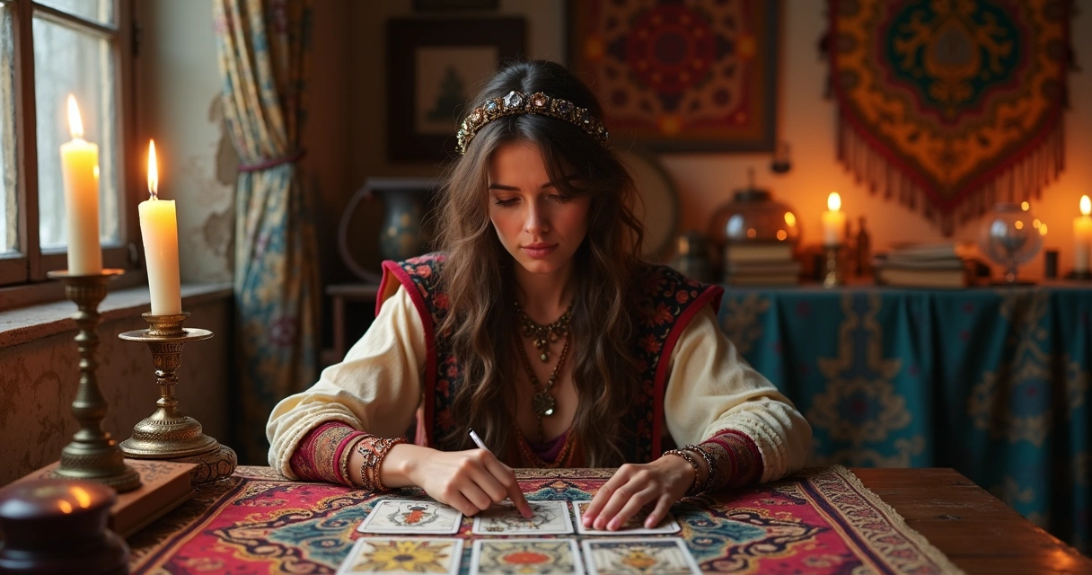 Mulher cigana jovem consulta cartas de tarot em mesa com velas