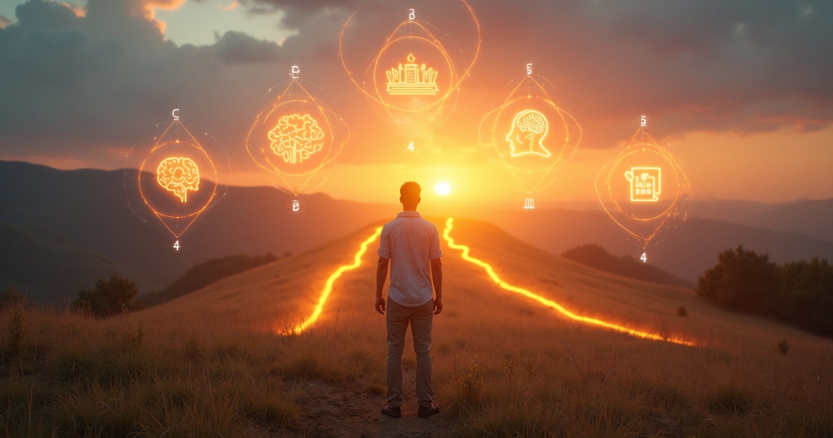 Persona reflexionando frente a cinco caminos iluminados que simbolizan ciencias de la conciencia y la ética 