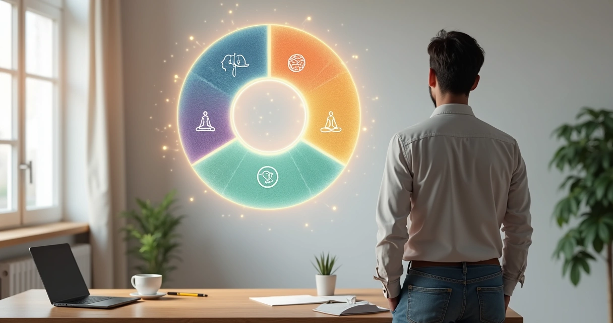 Líder observando cinco áreas da vida conectadas em um círculo de cores suaves 