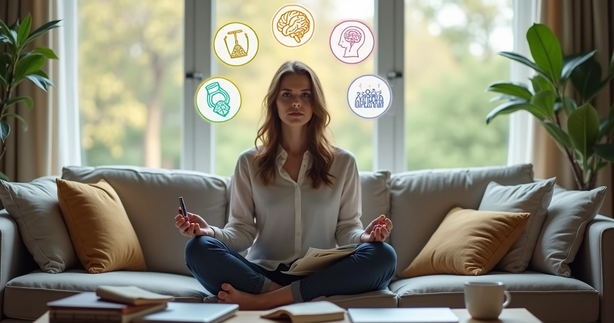 Pessoa sentada em uma sala de estar com cinco ícones de áreas da vida ao redor representando as ciências da consciência 