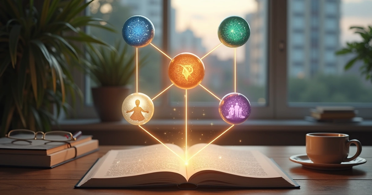 Ilustração conceitual das cinco ciências da consciência integradas no cotidiano 