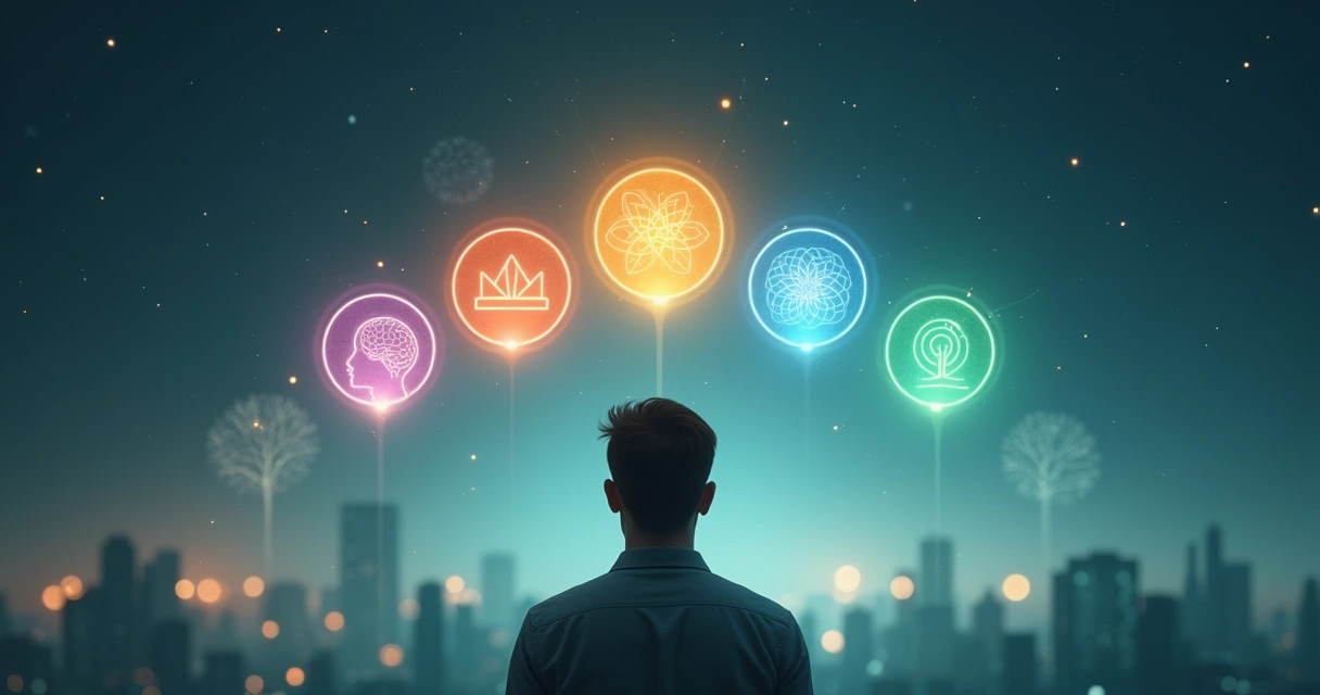 Pessoa em pé diante de cinco círculos conectados representando ciências da consciência 