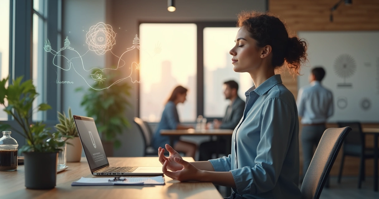 Profissional meditando em mesa de trabalho integrada a elementos de consciência e colaboração 