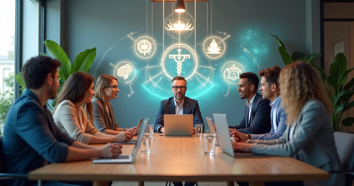 Equipe em reunião com ícones das cinco ciências da consciência ao fundo 