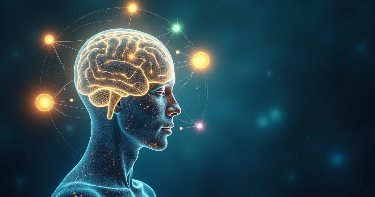 Ilustração de uma mente humana conectada a cinco esferas de conhecimento 