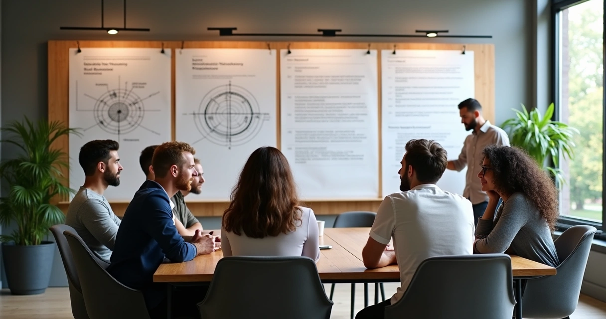 Equipe em reunião ao redor de uma mesa debatendo ideias