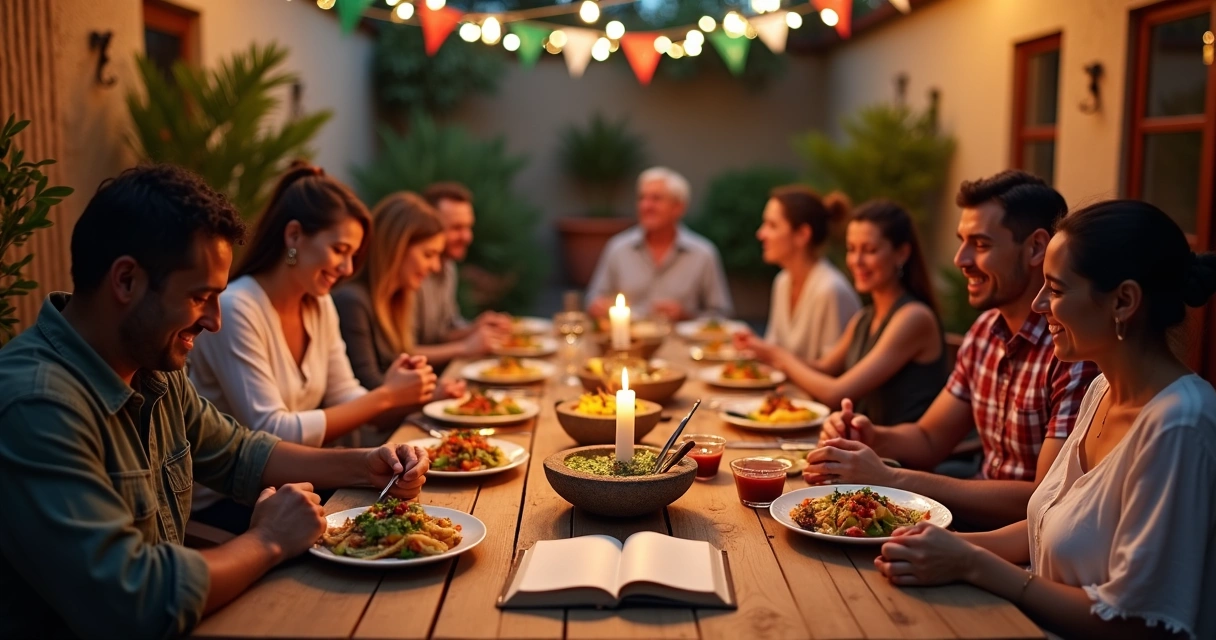 Grupo reunido em mesa ao ar livre com comidas mexicanas e Bíblia ao centro 