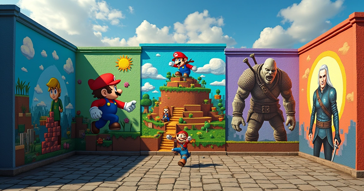 Ilustração dos 5 melhores jogos de videogame com artes dos jogos e fundo colorido que celebra a nostalgia dos jogos.