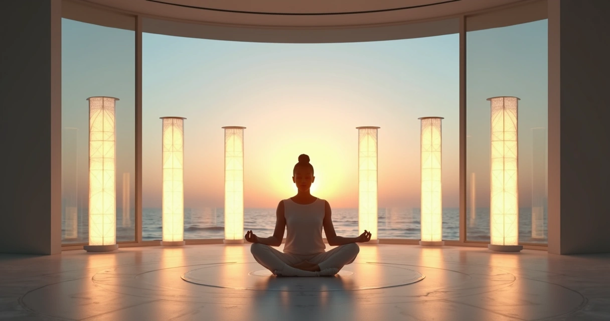 Pessoa em meditação cercada por cinco pilares simbólicos de desenvolvimento humano 