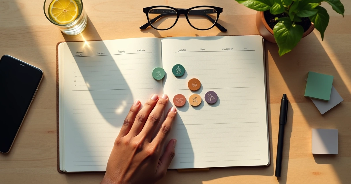 Mão organizando cinco ícones dos pilares da consciência sobre caderno de rotina 