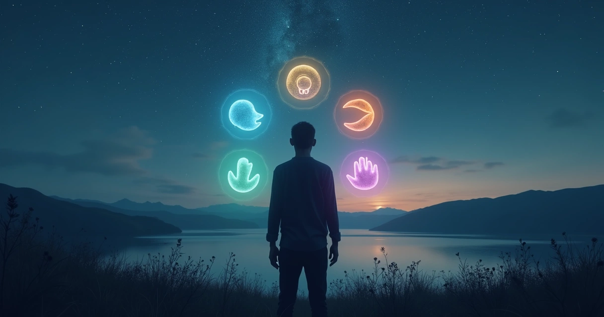 Silhueta humana em paisagem noturna com cinco sentidos iluminados 