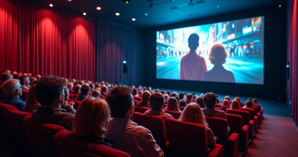 Personas observando una pantalla grande con escenas clásicas y modernas mezcladas 
