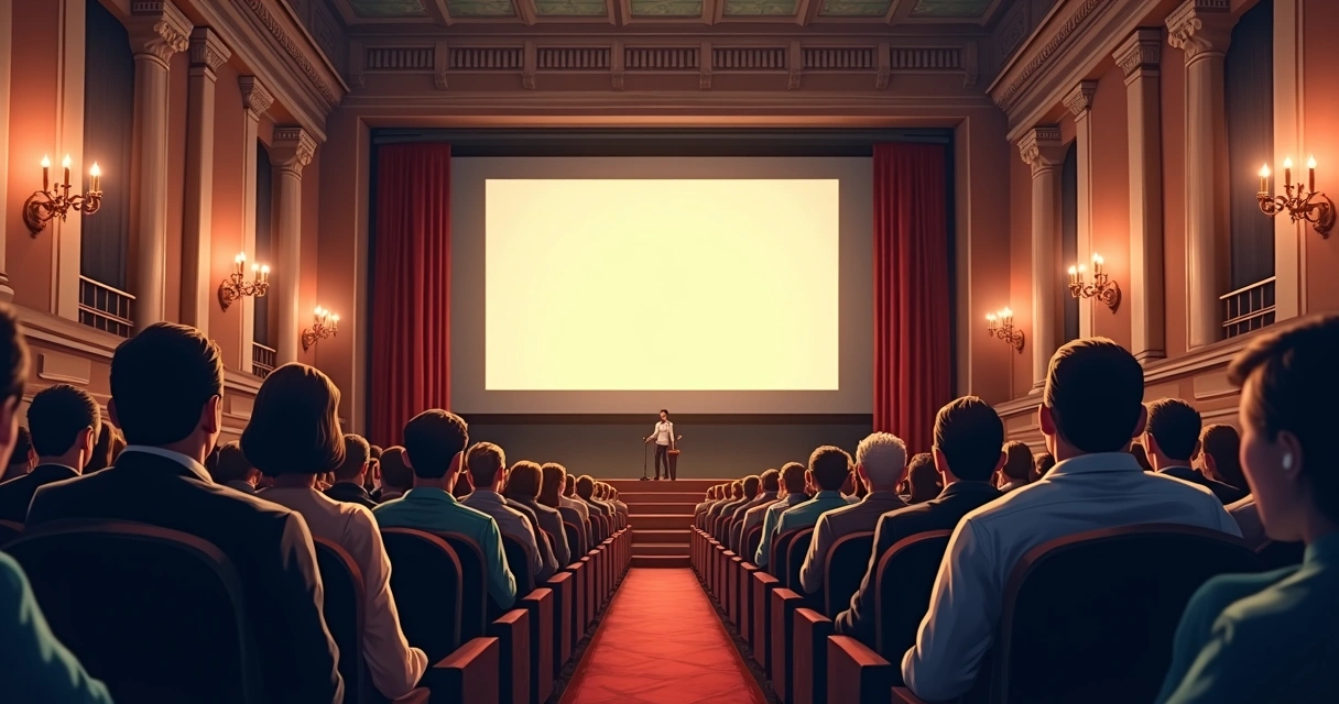 Cena de um antigo cinema brasileiro com plateia e projeção em preto e branco 