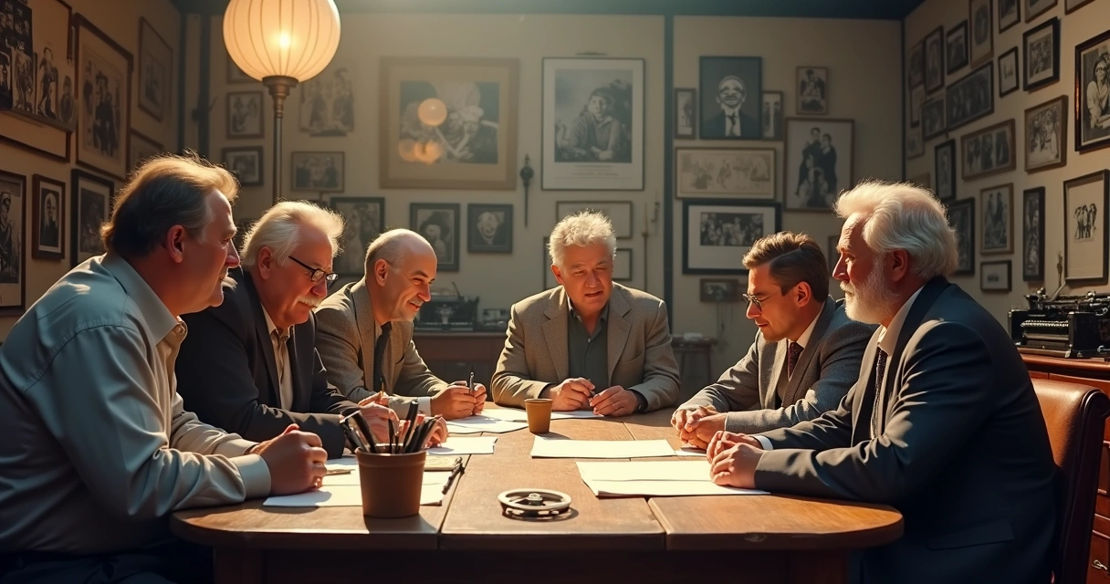 Cena de bastidores mostrando diretores, atores e roteiristas debatendo um roteiro à luz suave, em um estúdio antigo, com bobinas de filme e fotografias históricas na mesa