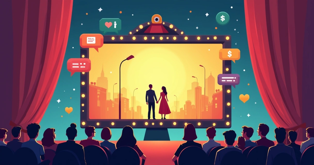 Tela de cinema retrô cercada por ícones de redes sociais 