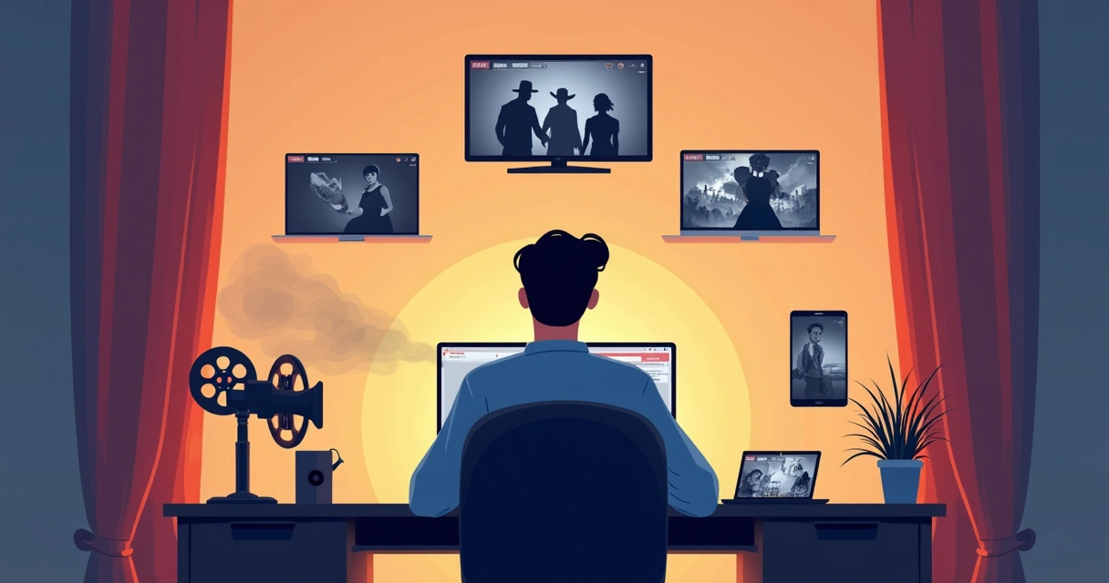Pessoa navegando em streaming de filmes clássicos em laptop cercado por ícones retrô de cinema 