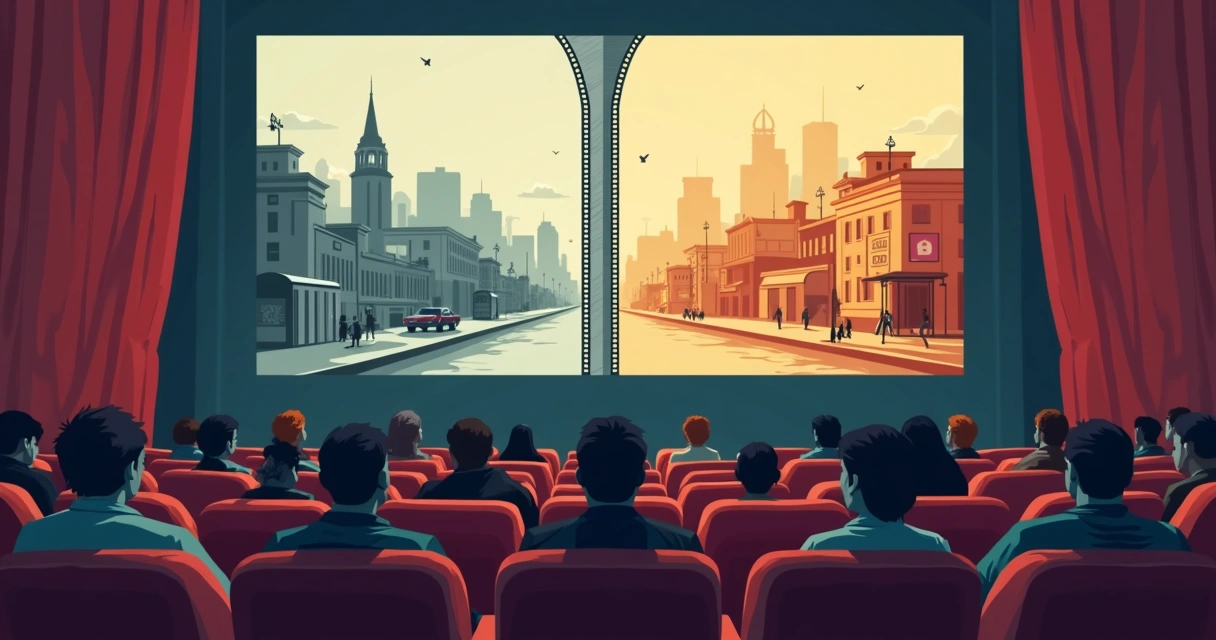 Ilustração de sala de cinema clássica com cena simbolizando debates sociais na tela 
