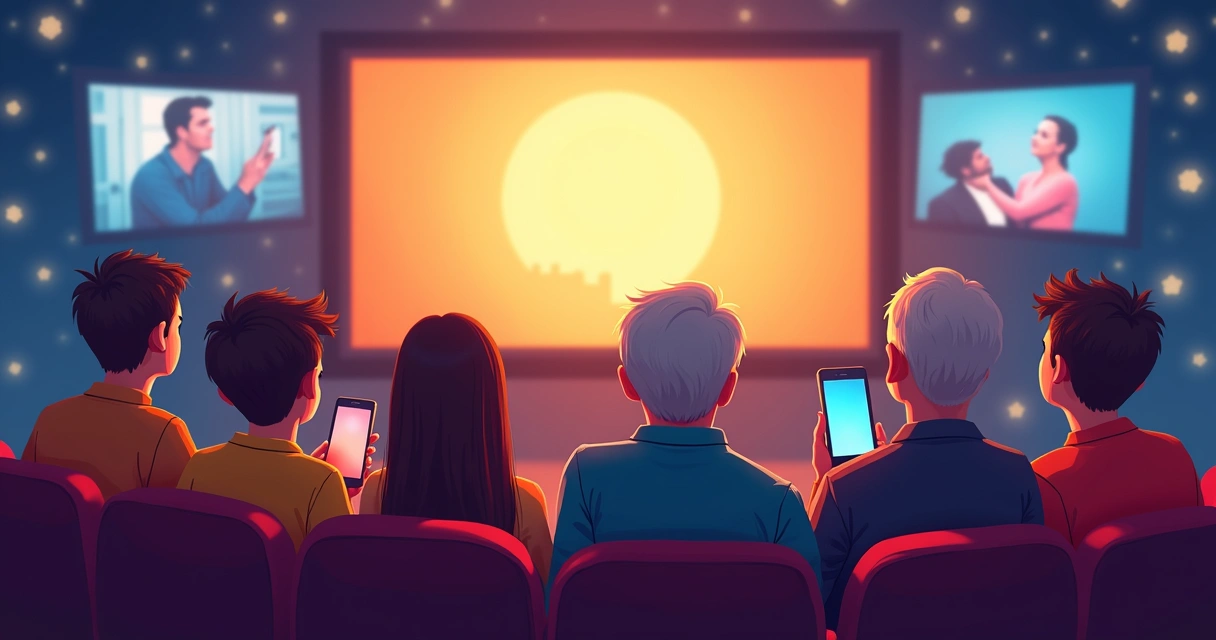 Pessoas de diferentes idades assistindo a filmes clássicos juntos 