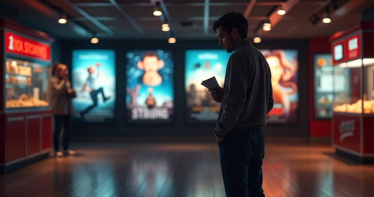 Pessoa observando cartazes de cinema antes de escolher o filme