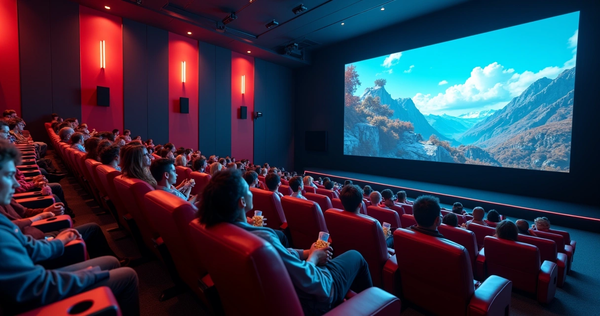 Grande sala de cinema com pessoas assistindo a um filme em uma tela gigante.
