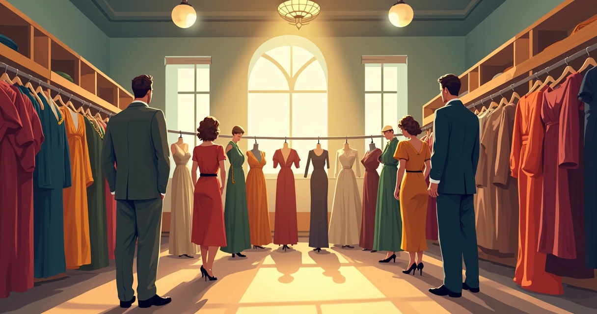 Cena clássica de filme dos anos 30 com figurinistas preparando trajes e acessórios 