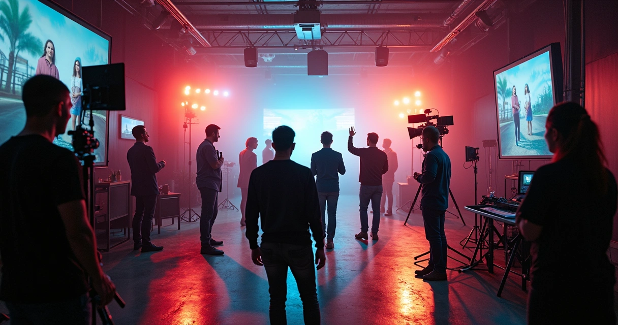 Set de filmagem com equipe criando cenário de marca e câmeras 