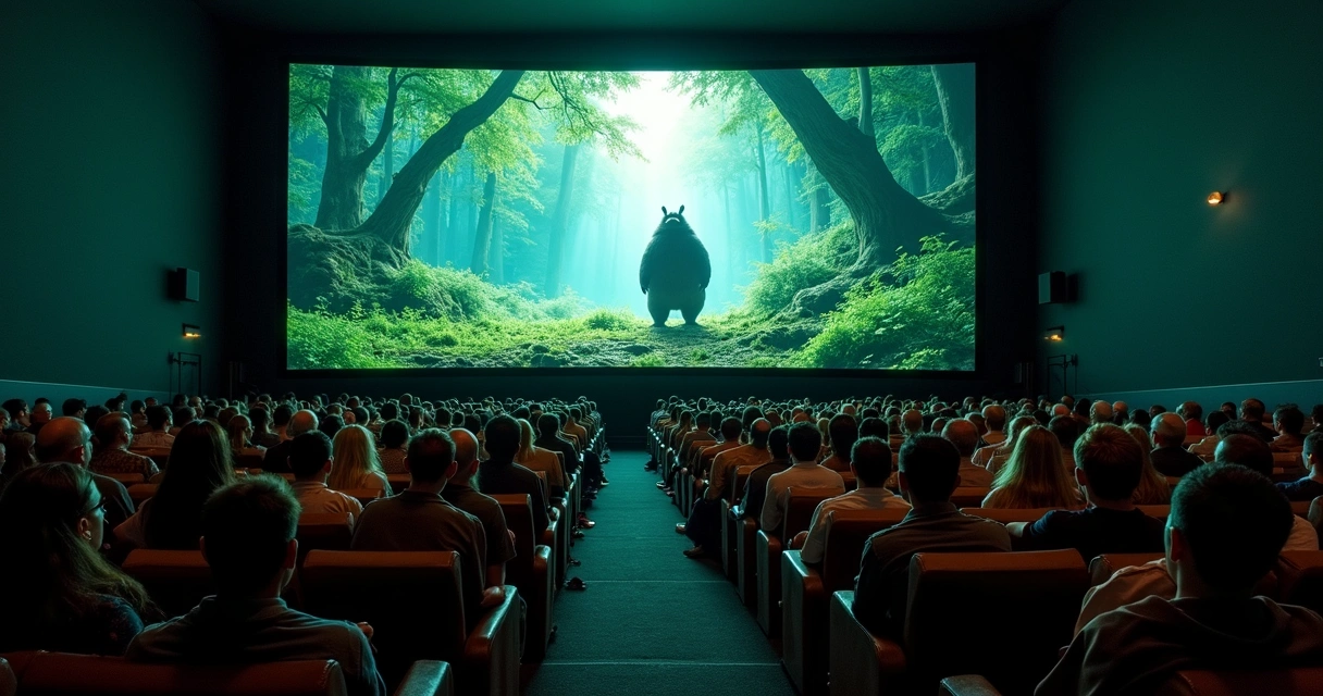 Sala de cinema com Mononoke em exibição na tela IMAX, público assistindo 