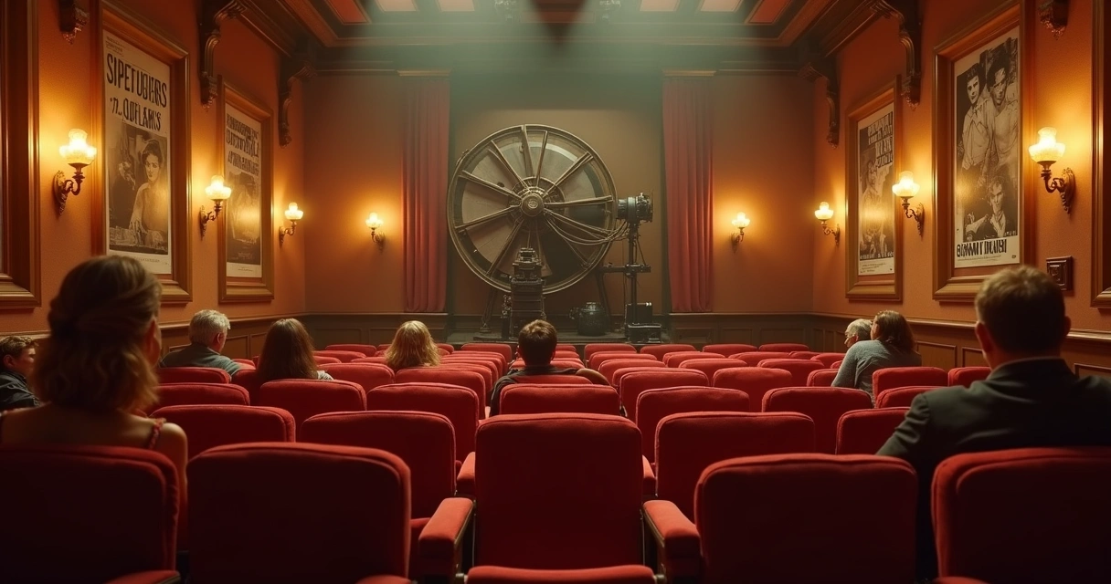 Sala de cinema antiga com elementos clássicos e um projetor antigo ao centro 