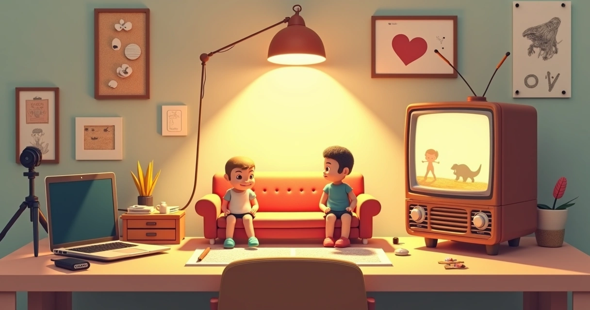 Tela de stop motion com marionetes clássicas em cenário de cinema retrô 