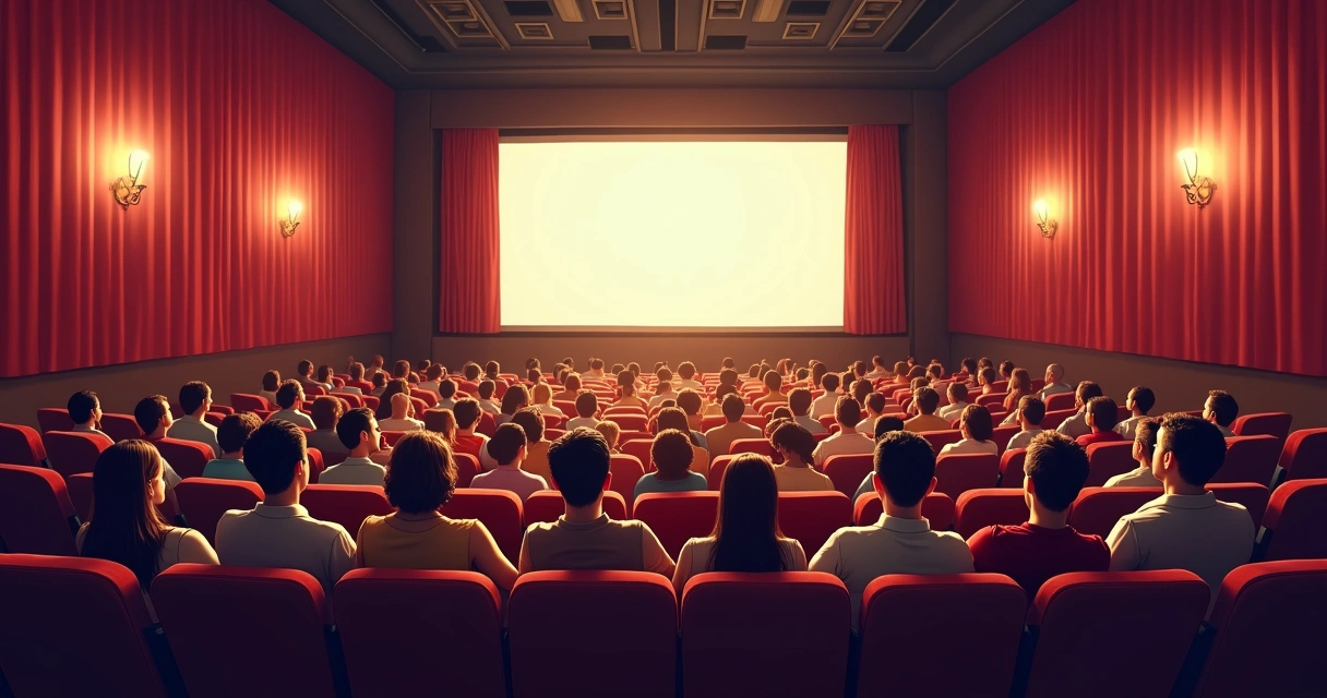 Sessão de cinema antigo em evento cultural com público de várias idades 