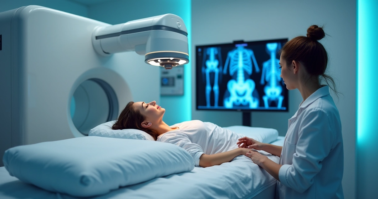 Paciente realizando cintilografia óssea com equipamento especializado 