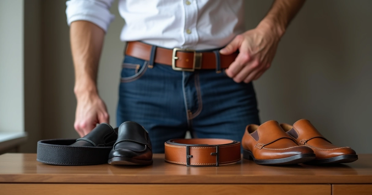 Homem ajustando cinto de couro marrom combinando com sapatos em look social e casual 