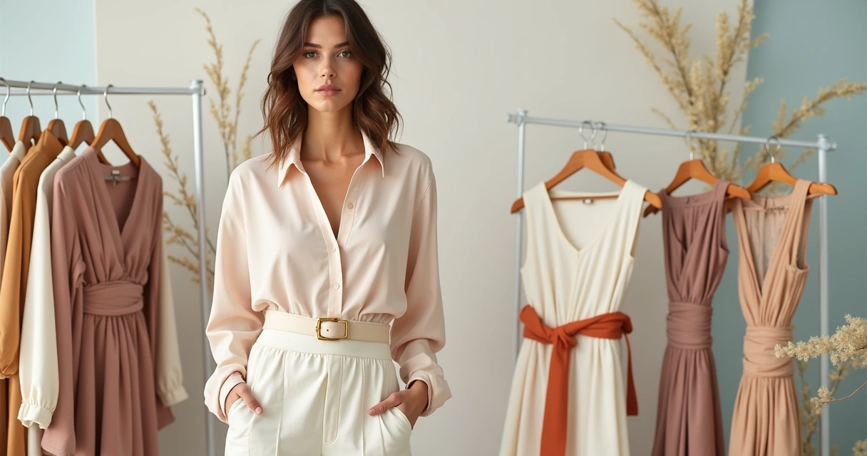 Modelo usando blusa larga com cinto largo e vestido solto com faixa colorida, ambiente elegante e pastel.