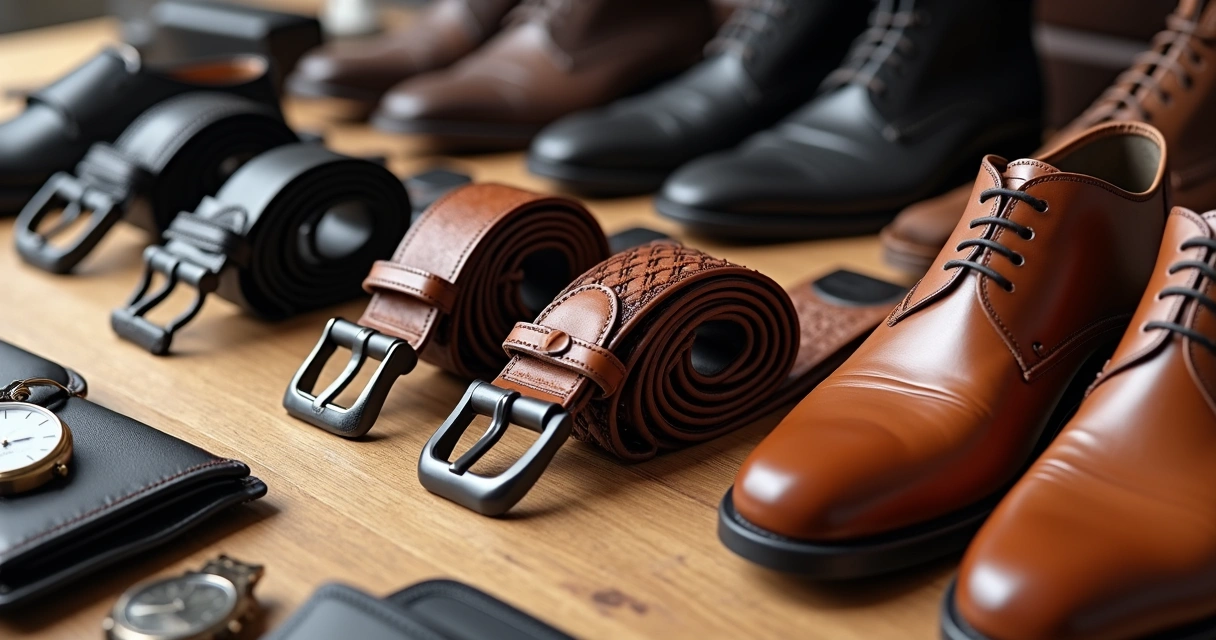 Cintos de couro em diferentes cores e texturas sobre uma mesa junto a pares de sapatos masculinos 