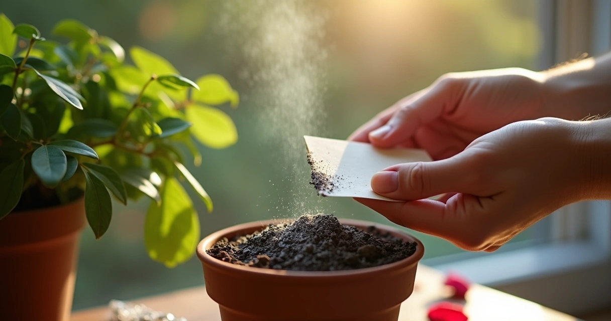 Cinzas de carta queimada sendo jogadas na terra de vaso de planta 