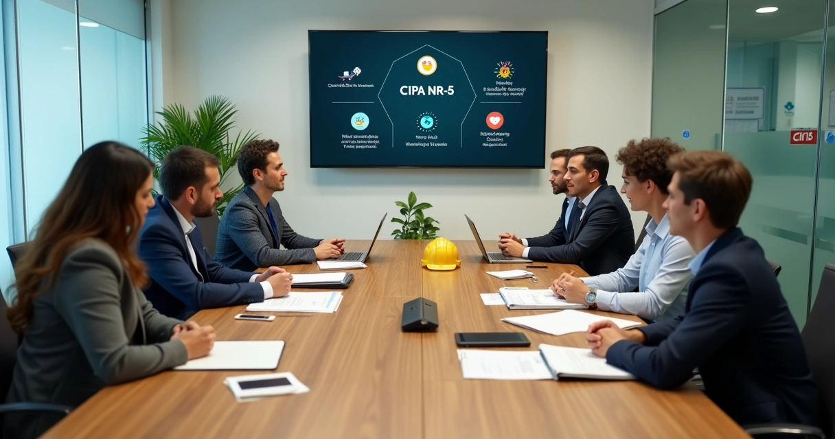 Reunião da CIPA com trabalhadores e gestores discutindo prevenção de riscos no trabalho 