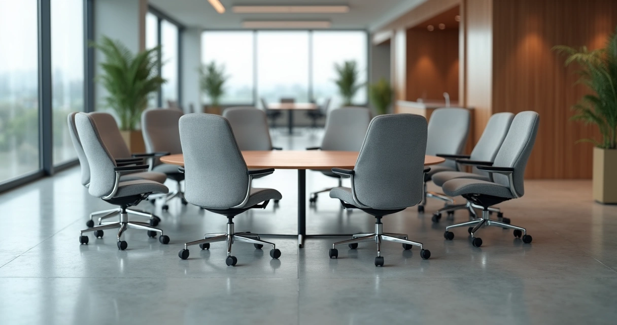 Single chair slightly apart from circle of office chairs in modern workspace 