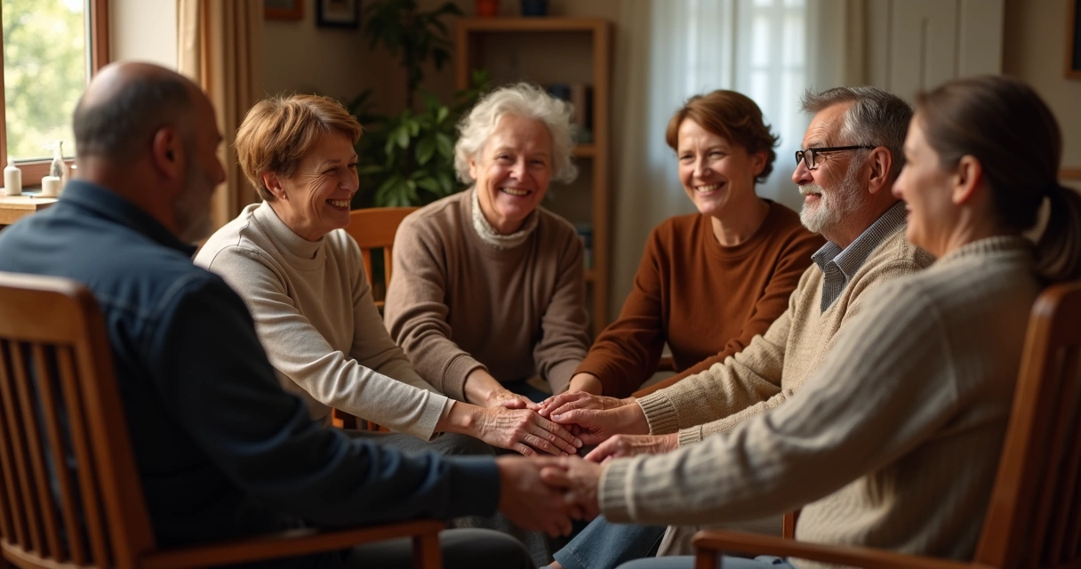 People sitting in a circle touching hands, their facial expressions shifting from tense to relaxed as one person smiles