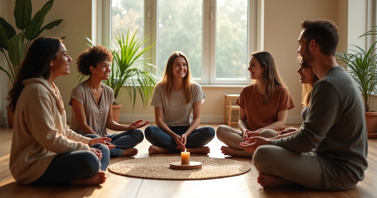 Small group sitting in a circle practicing mindful listening 
