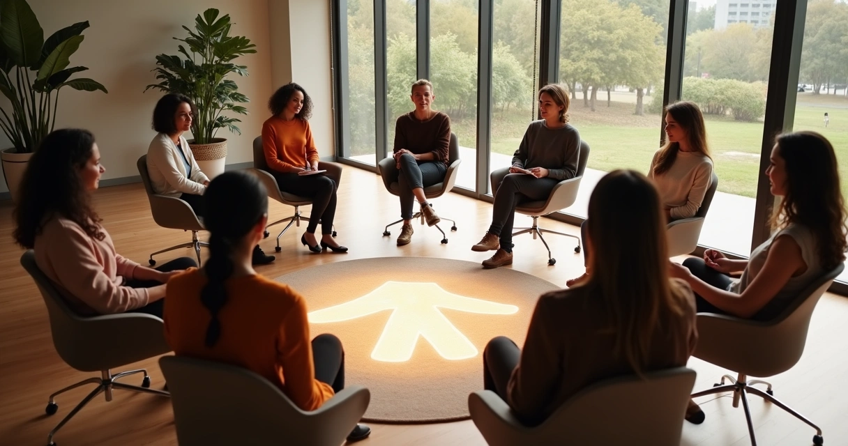 Group in dialogue circle joined by a glowing bridge-shaped rug 