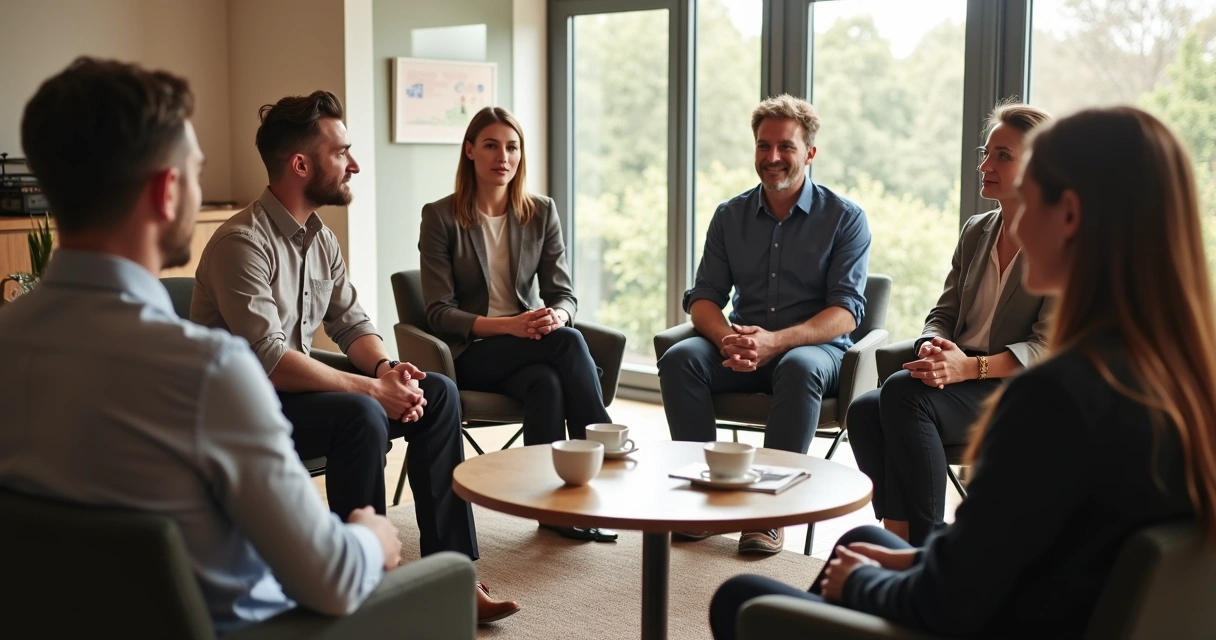 Small group seated in a circle sharing gratitude in a calm room