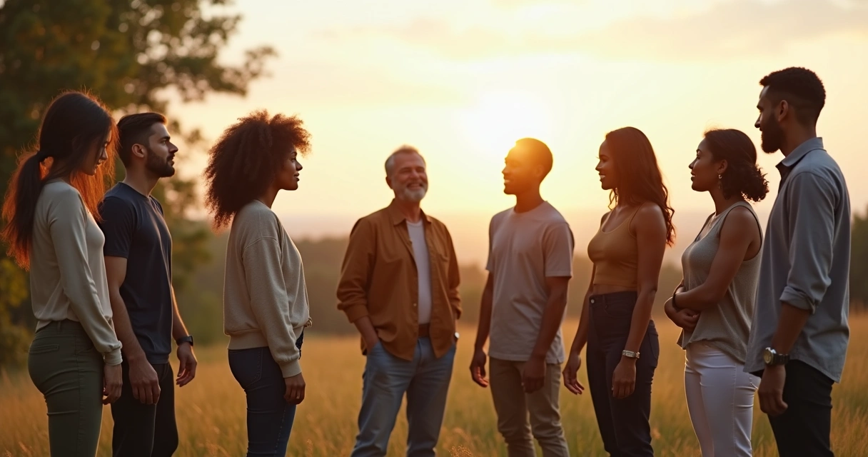 Diverse group standing in a circle with one person being gently welcomed back in 